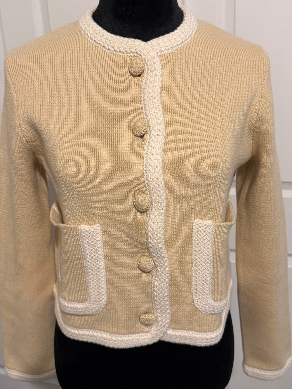 New Sezane Cream and Beige Cropped Button Cardigan